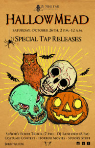 Hallowmead poster with vintage skull, ghoul, pumpkin, and spider Halloween decorations